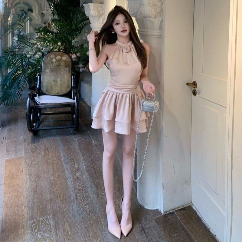 프랑스식 품격 명문 여성 아세트산 새틴 민소매 행침 목 드레스 작은 대중 디자인 케이크 퍼프 생일 작은 행사 치마 이미지 2