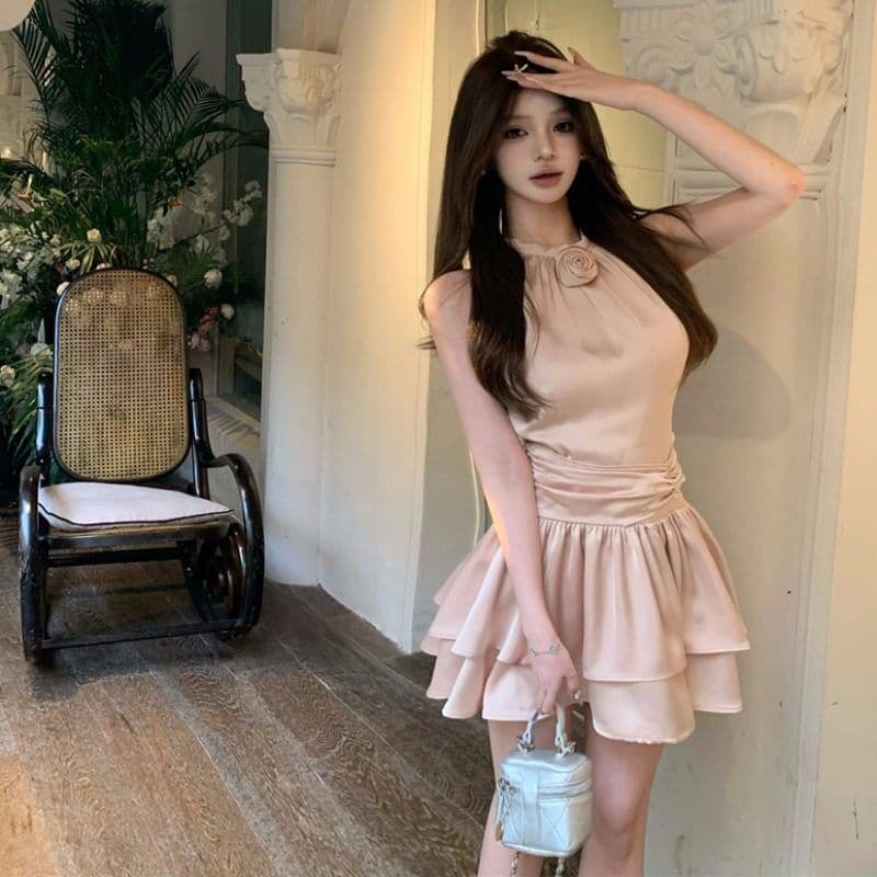 프랑스식 품격 명문 여성 아세트산 새틴 민소매 행침 목 드레스 작은 대중 디자인 케이크 퍼프 생일 작은 행사 치마 이미지 3