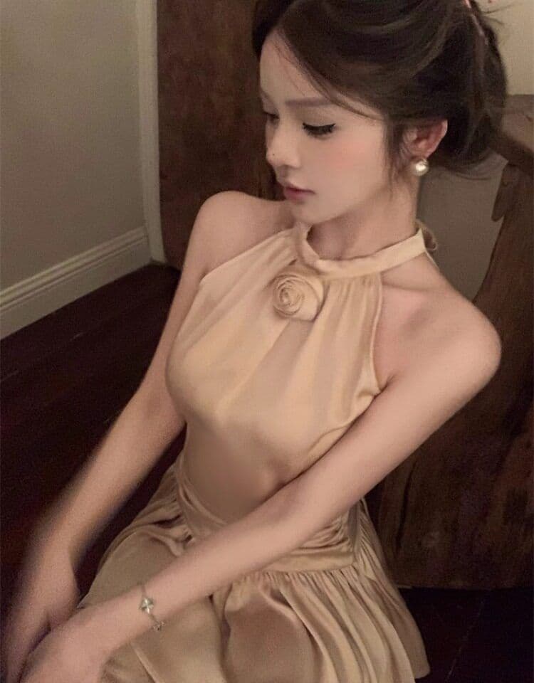 프랑스식 품격 명문 여성 아세트산 새틴 민소매 행침 목 드레스 작은 대중 디자인 케이크 퍼프 생일 작은 행사 치마 상세 이미지 2