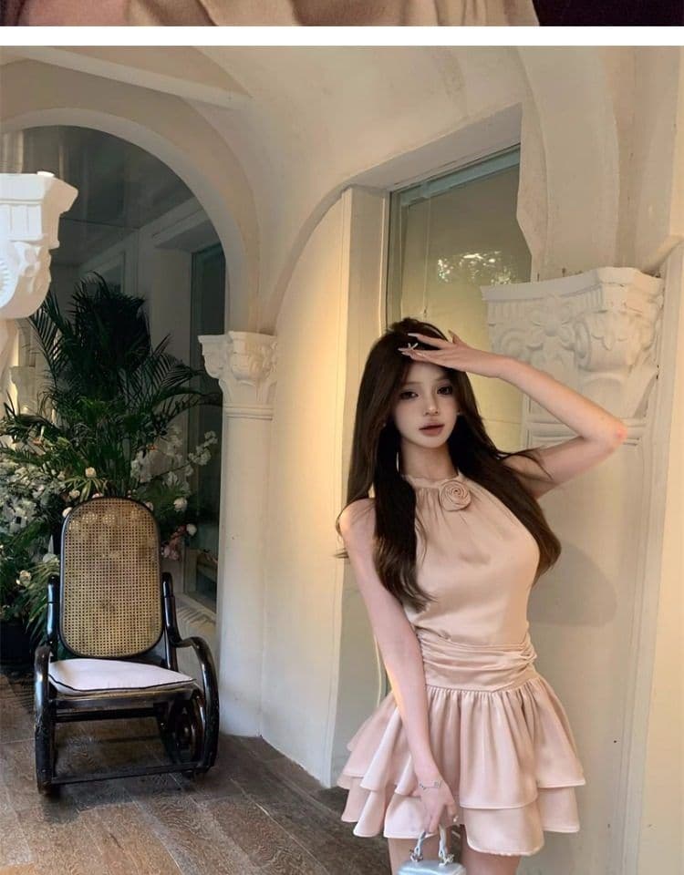 프랑스식 품격 명문 여성 아세트산 새틴 민소매 행침 목 드레스 작은 대중 디자인 케이크 퍼프 생일 작은 행사 치마 상세 이미지 3