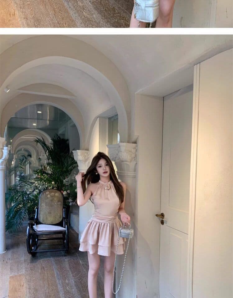 프랑스식 품격 명문 여성 아세트산 새틴 민소매 행침 목 드레스 작은 대중 디자인 케이크 퍼프 생일 작은 행사 치마 상세 이미지 4