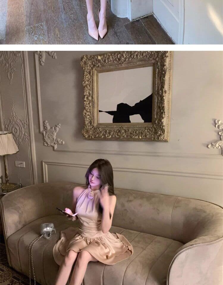 프랑스식 품격 명문 여성 아세트산 새틴 민소매 행침 목 드레스 작은 대중 디자인 케이크 퍼프 생일 작은 행사 치마 상세 이미지 5