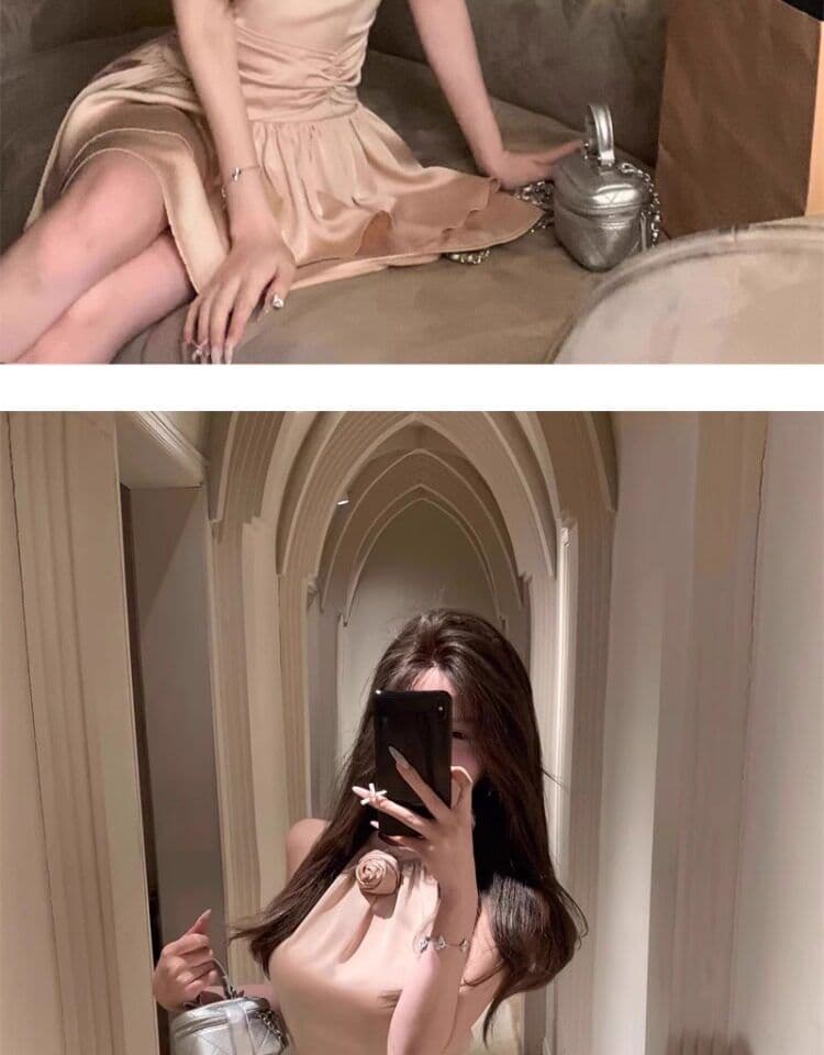 프랑스식 품격 명문 여성 아세트산 새틴 민소매 행침 목 드레스 작은 대중 디자인 케이크 퍼프 생일 작은 행사 치마 상세 이미지 8