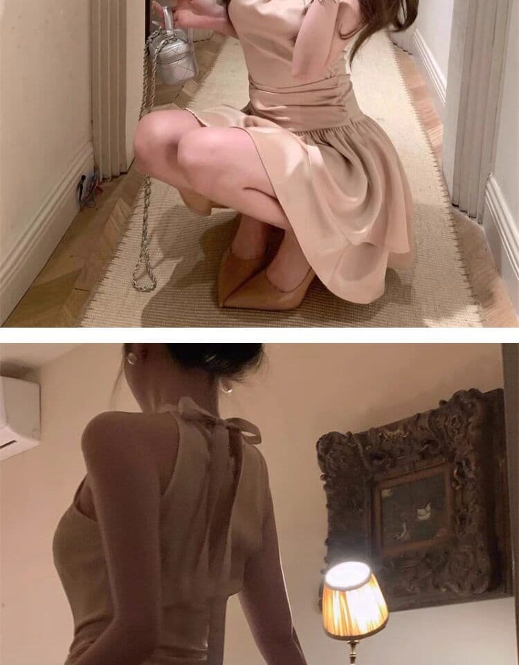 프랑스식 품격 명문 여성 아세트산 새틴 민소매 행침 목 드레스 작은 대중 디자인 케이크 퍼프 생일 작은 행사 치마 상세 이미지 10