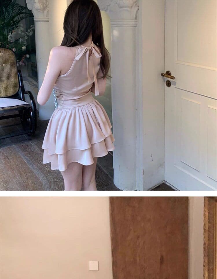 프랑스식 품격 명문 여성 아세트산 새틴 민소매 행침 목 드레스 작은 대중 디자인 케이크 퍼프 생일 작은 행사 치마 상세 이미지 13