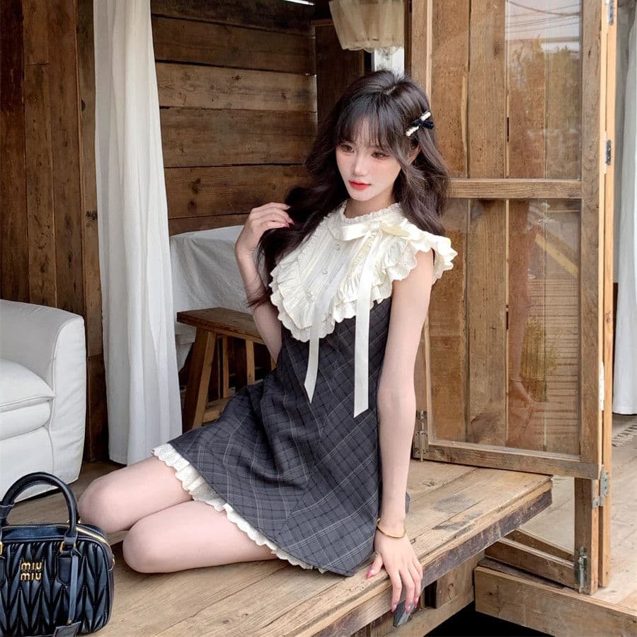 프랑스식 레트로 체크무늬 페이크 레이어드 여성 드레스 여름 2026 새로운 레이스 조각 천 골드 센스 민소매 짧은 치마 이미지 5