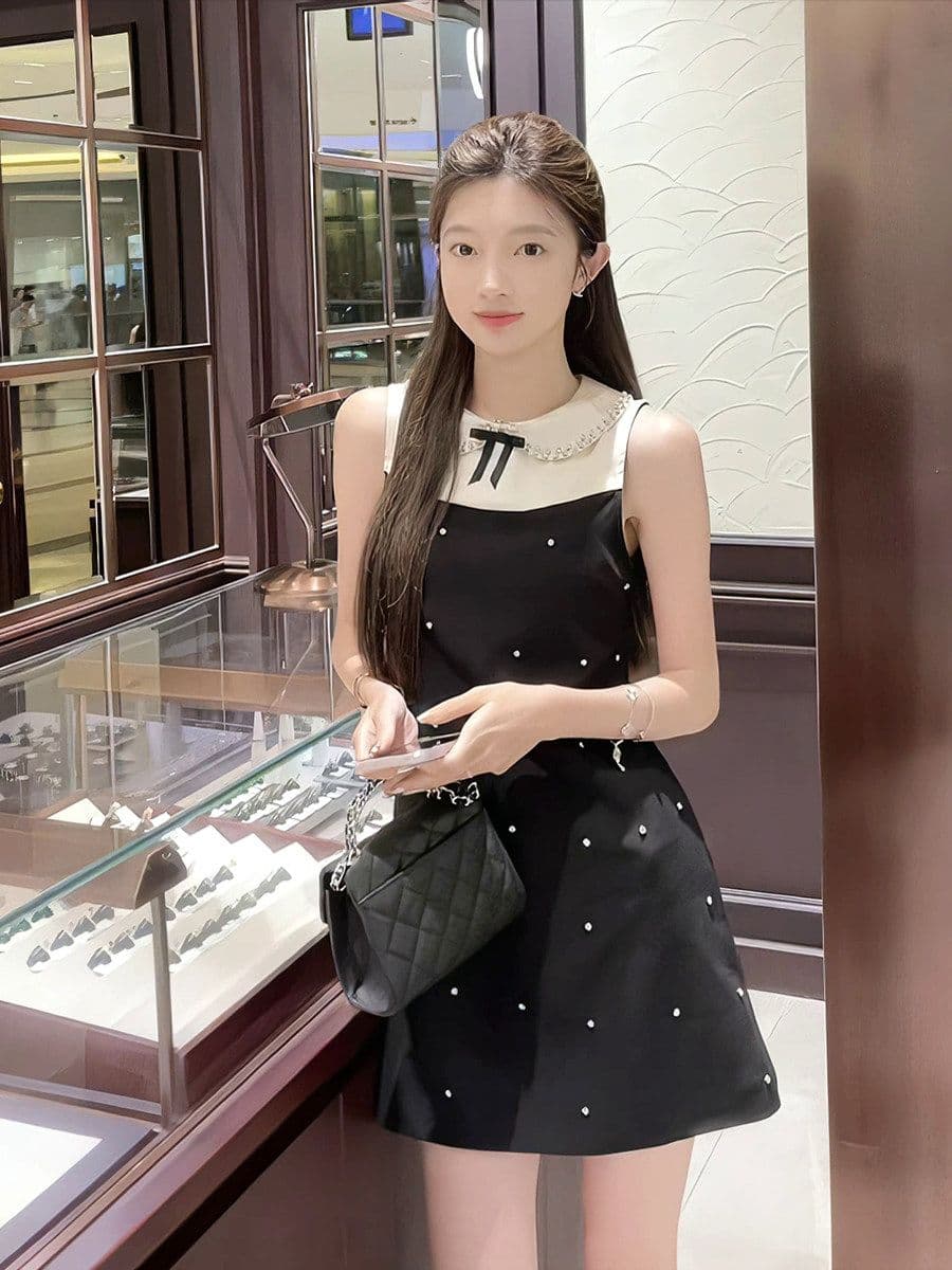 천 금빛 바람 달콤함 미니 스커트 여름 허리 수축 슬림해 보이는 디자인 센스 배색 패치워크 POLO 칼라 민소매 여성 드레스 이미지 3