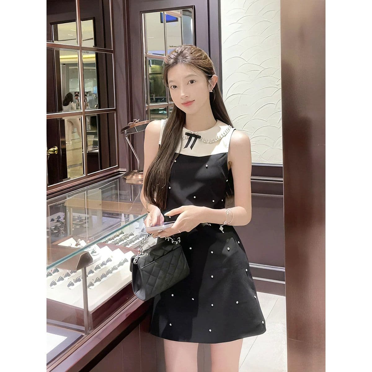 천 금빛 바람 달콤함 미니 스커트 여름 허리 수축 슬림해 보이는 디자인 센스 배색 패치워크 POLO 칼라 민소매 여성 드레스 이미지 2