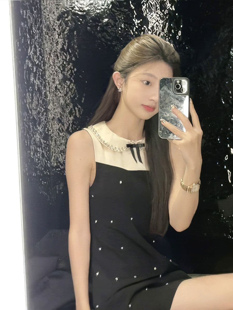 천 금빛 바람 달콤함 미니 스커트 여름 허리 수축 슬림해 보이는 디자인 센스 배색 패치워크 POLO 칼라 민소매 여성 드레스 이미지 4