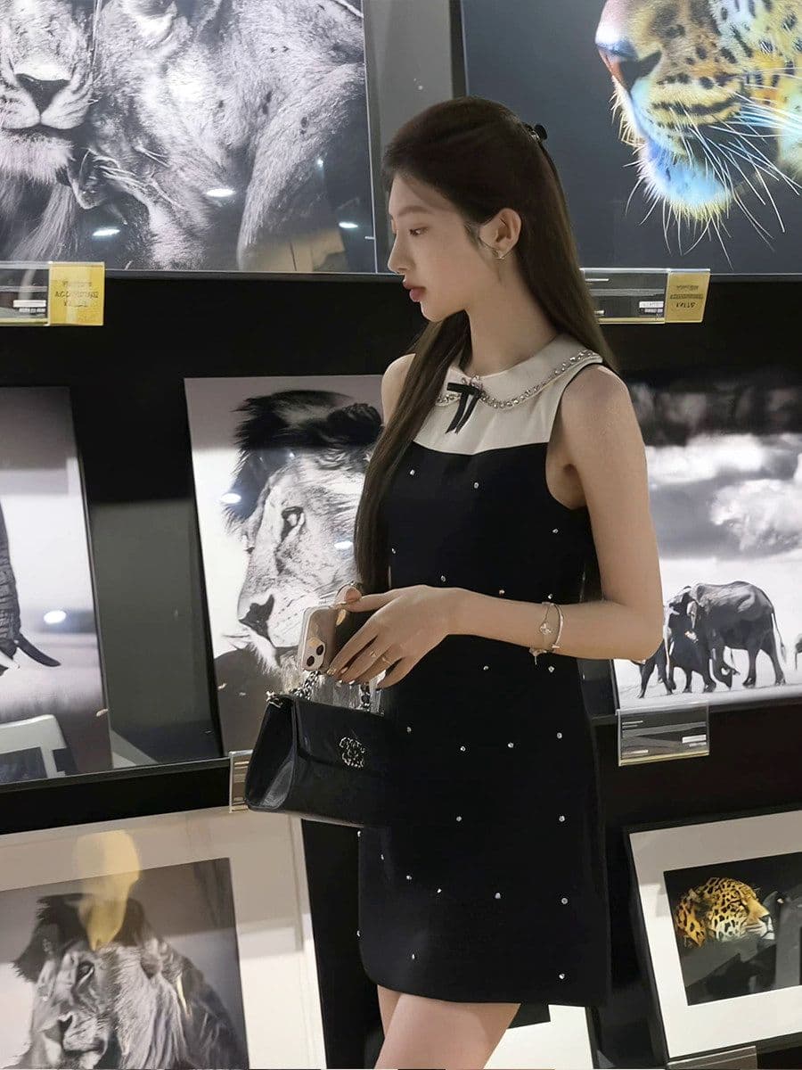 천 금빛 바람 달콤함 미니 스커트 여름 허리 수축 슬림해 보이는 디자인 센스 배색 패치워크 POLO 칼라 민소매 여성 드레스