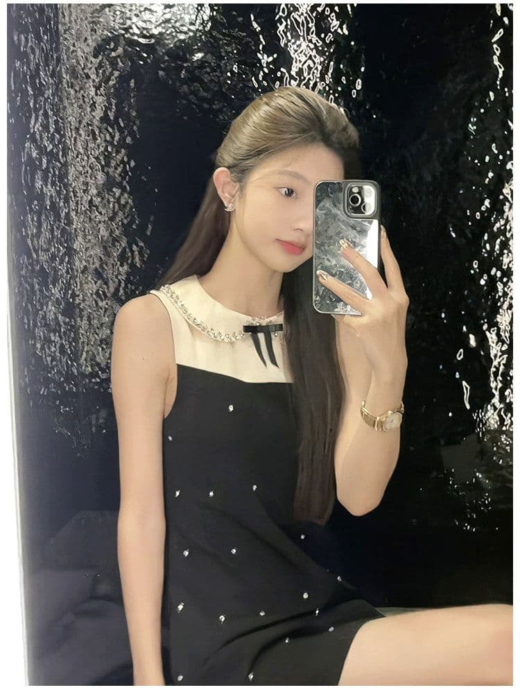 천 금빛 바람 달콤함 미니 스커트 여름 허리 수축 슬림해 보이는 디자인 센스 배색 패치워크 POLO 칼라 민소매 여성 드레스 상세 이미지 2