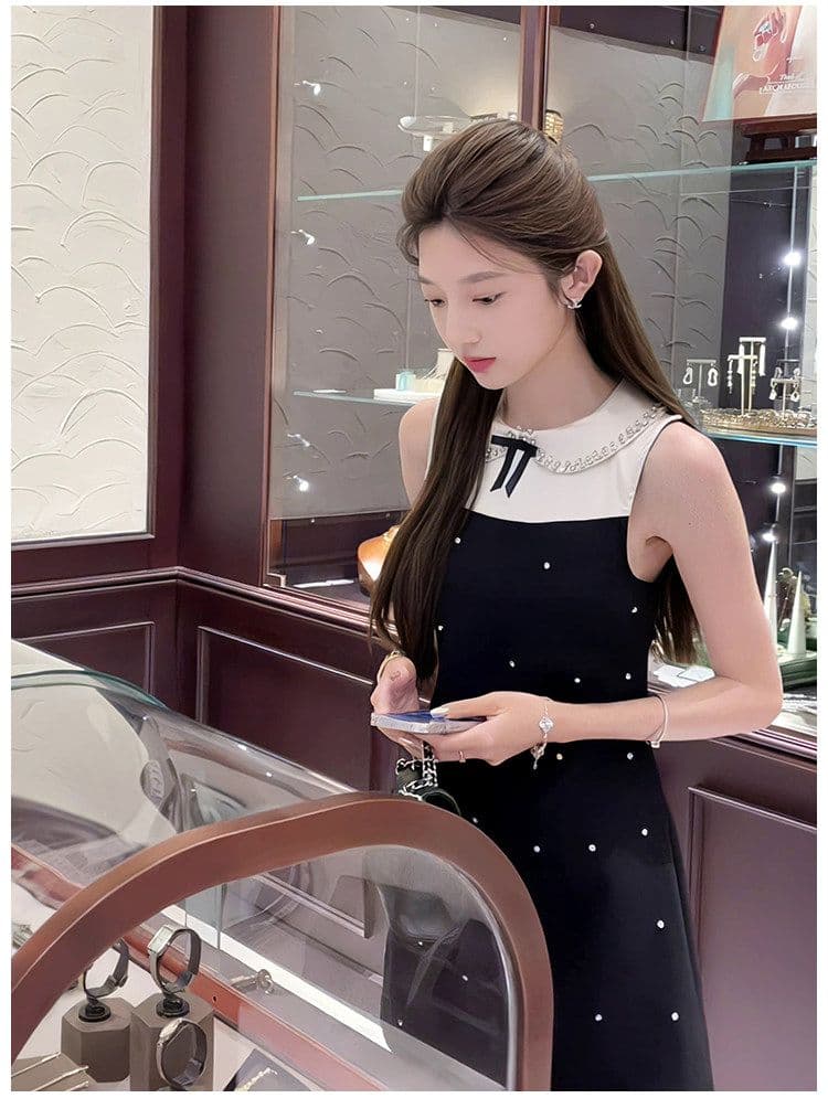 천 금빛 바람 달콤함 미니 스커트 여름 허리 수축 슬림해 보이는 디자인 센스 배색 패치워크 POLO 칼라 민소매 여성 드레스 상세 이미지 3