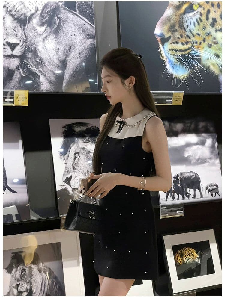 천 금빛 바람 달콤함 미니 스커트 여름 허리 수축 슬림해 보이는 디자인 센스 배색 패치워크 POLO 칼라 민소매 여성 드레스 상세 이미지 5