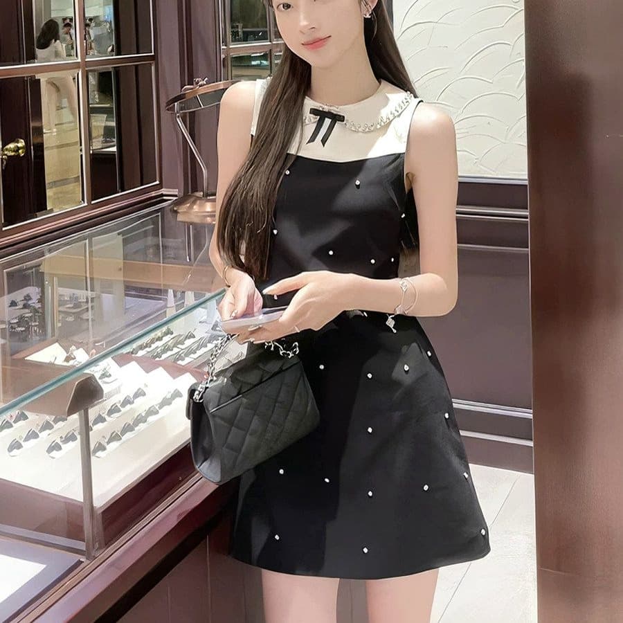 천 금빛 바람 달콤함 미니 스커트 여름 허리 수축 슬림해 보이는 디자인 센스 배색 패치워크 POLO 칼라 민소매 여성 드레스 이미지 5