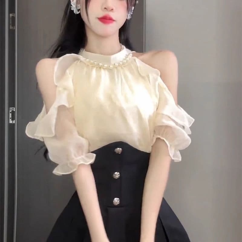 2026 여름 새로운 진주 행침 목 오프숄더 품격 광택 실 시폰 셔츠 여성 허리 수축 미니 스커트 고급 센스 투피스 세트 이미지 2