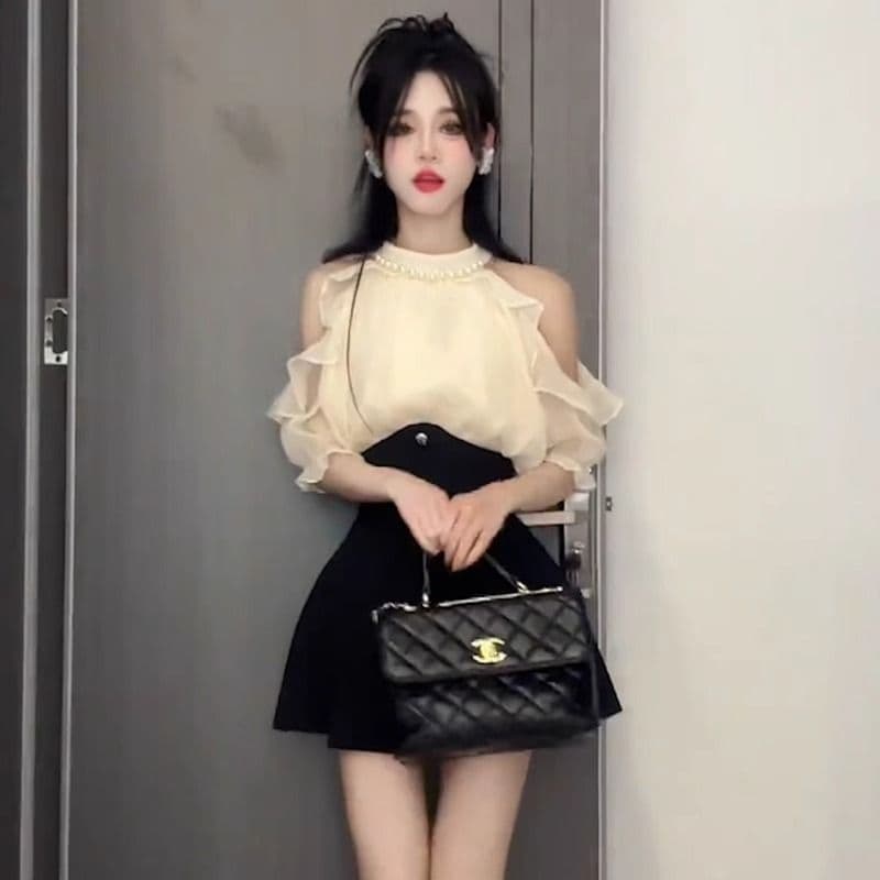 2026 여름 새로운 진주 행침 목 오프숄더 품격 광택 실 시폰 셔츠 여성 허리 수축 미니 스커트 고급 센스 투피스 세트 이미지 5