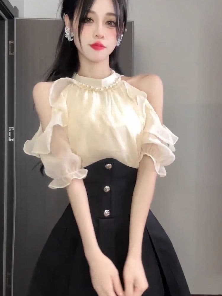 2026 여름 새로운 진주 행침 목 오프숄더 품격 광택 실 시폰 셔츠 여성 허리 수축 미니 스커트 고급 센스 투피스 세트 상세 이미지 3