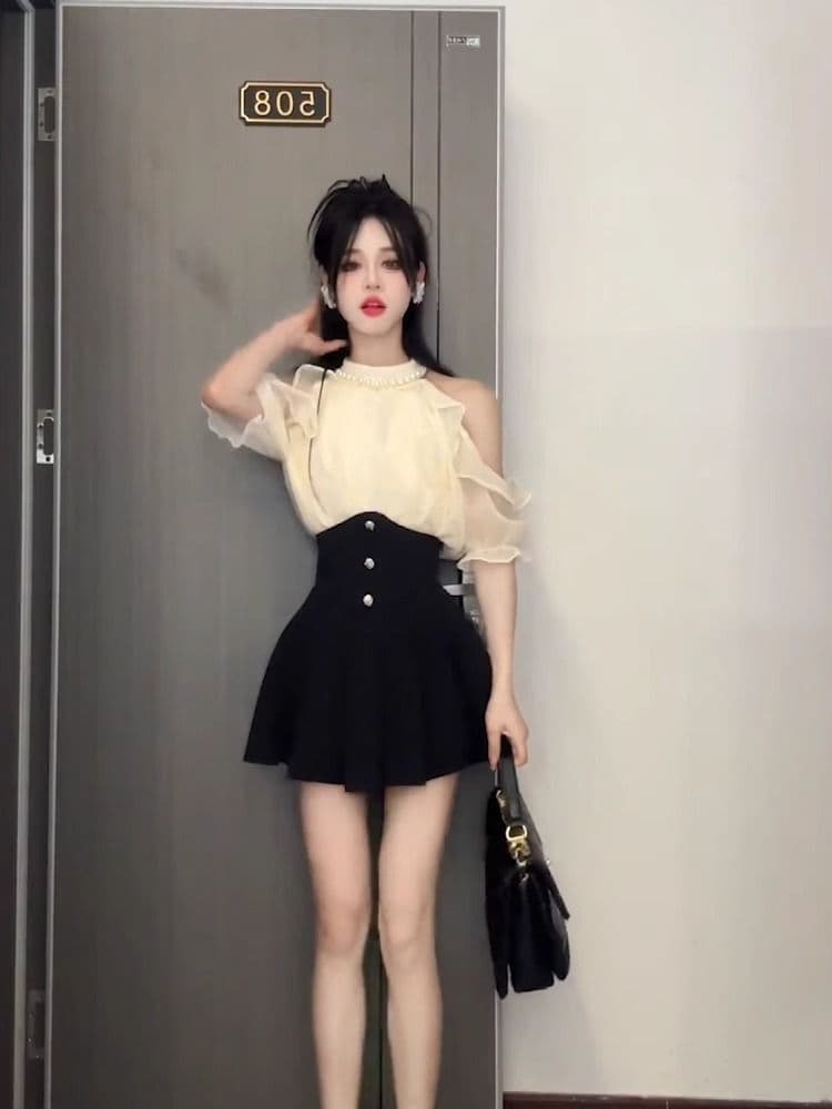 2026 여름 새로운 진주 행침 목 오프숄더 품격 광택 실 시폰 셔츠 여성 허리 수축 미니 스커트 고급 센스 투피스 세트 상세 이미지 6