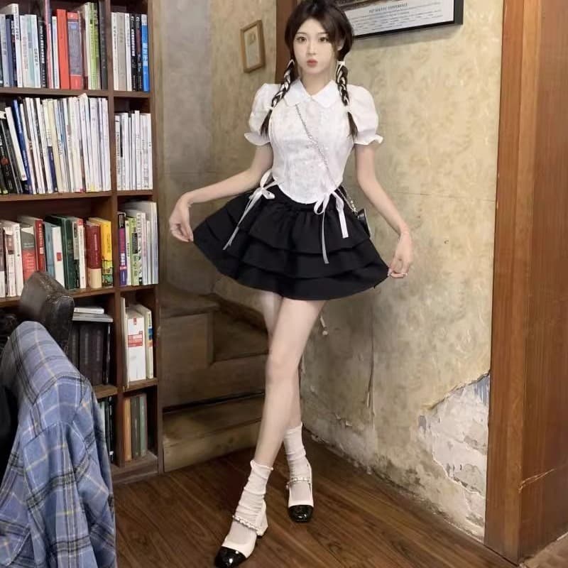 한 부서 핫걸 세트 여성 여름 나비 매듭 스트랩 허리 수축 화이트 반팔 맨위 레이스 케이크 드레스 투피스 세트