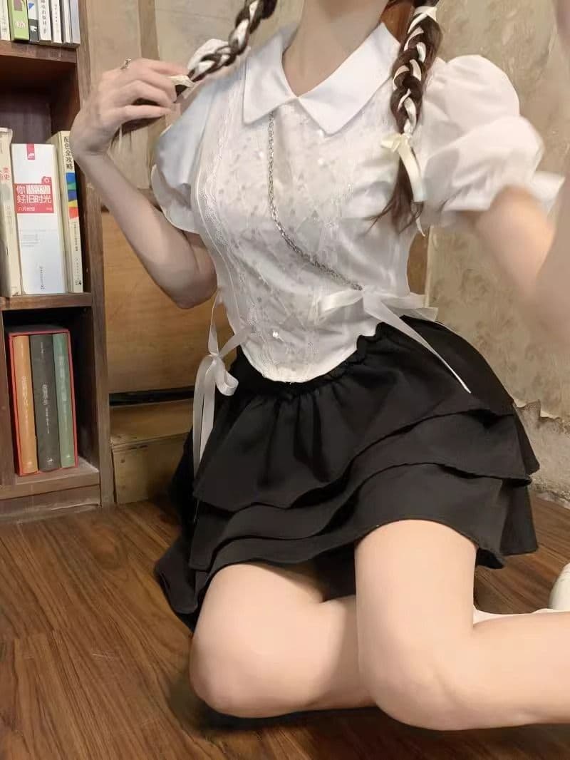 한 부서 핫걸 세트 여성 여름 나비 매듭 스트랩 허리 수축 화이트 반팔 맨위 레이스 케이크 드레스 투피스 세트 상세 이미지 3