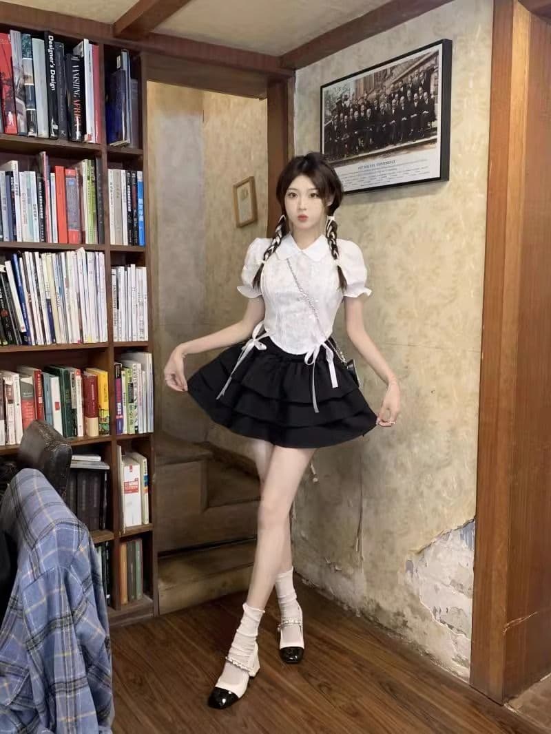 한 부서 핫걸 세트 여성 여름 나비 매듭 스트랩 허리 수축 화이트 반팔 맨위 레이스 케이크 드레스 투피스 세트 상세 이미지 4