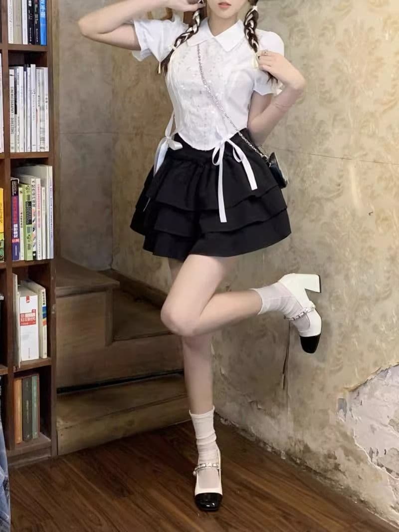 한 부서 핫걸 세트 여성 여름 나비 매듭 스트랩 허리 수축 화이트 반팔 맨위 레이스 케이크 드레스 투피스 세트 상세 이미지 14