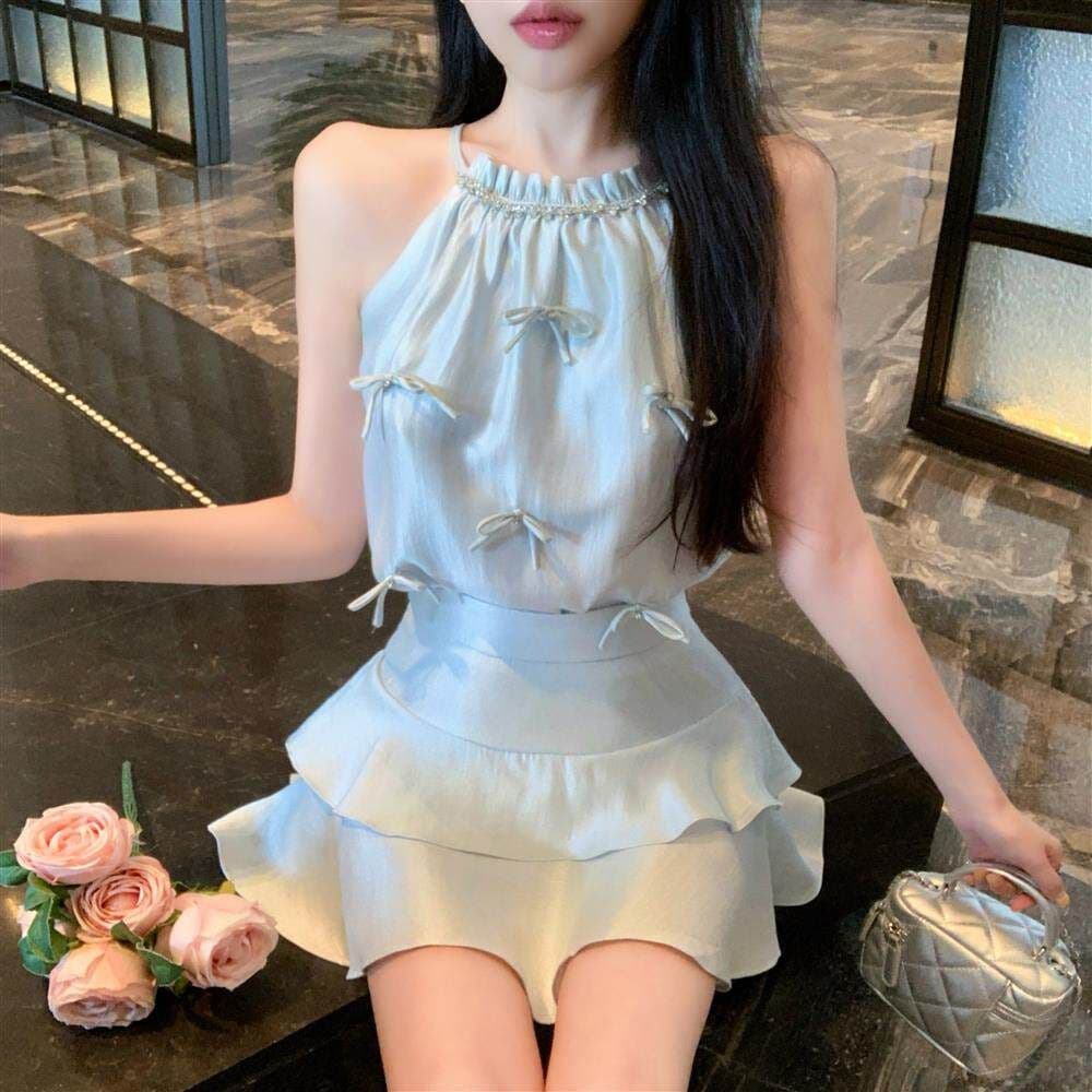 품격 디자인 센스 세트 나비 매듭 행침 목 조끼 맨위 여성 의류 여름 하이웨이스트 케이크 반신 스커트 투피스 세트 상세 이미지 10