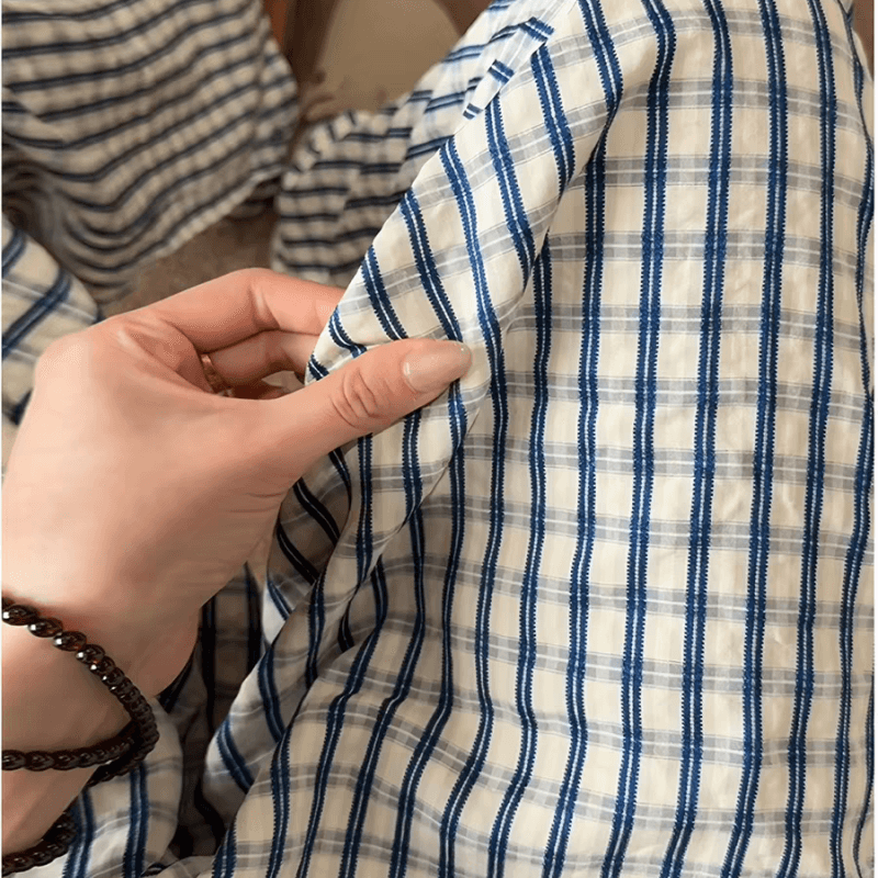 아메리칸 파란색 체크무늬 바지 여성 여름 얇은 스타일 청 순수한 시스템 느슨함 센스 바지 얼음 실크 루즈핏 느긋한 바람 와이드 레그 팬츠 상세 이미지 3