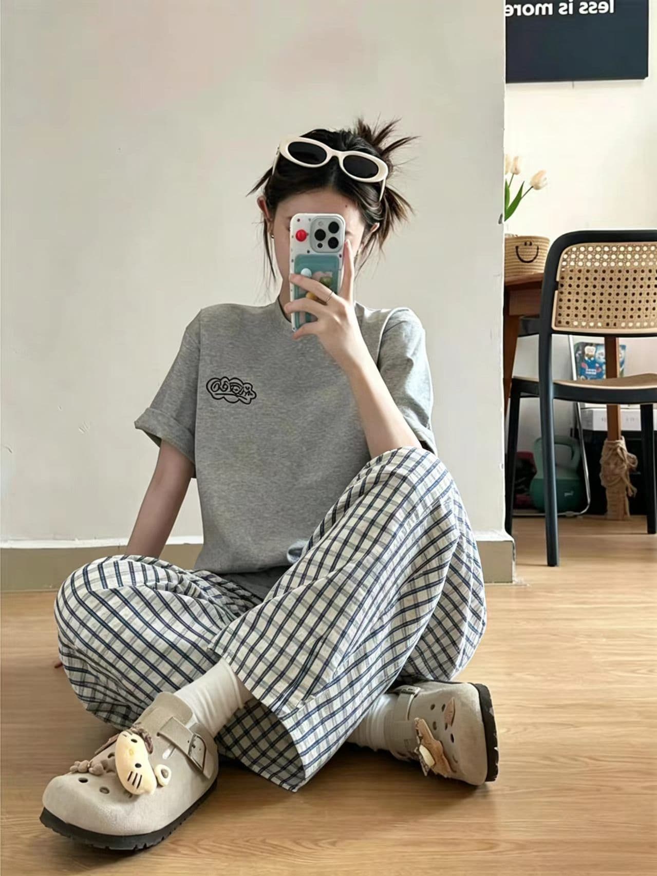 아메리칸 파란색 체크무늬 바지 여성 여름 얇은 스타일 청 순수한 시스템 느슨함 센스 바지 얼음 실크 루즈핏 느긋한 바람 와이드 레그 팬츠 상세 이미지 7