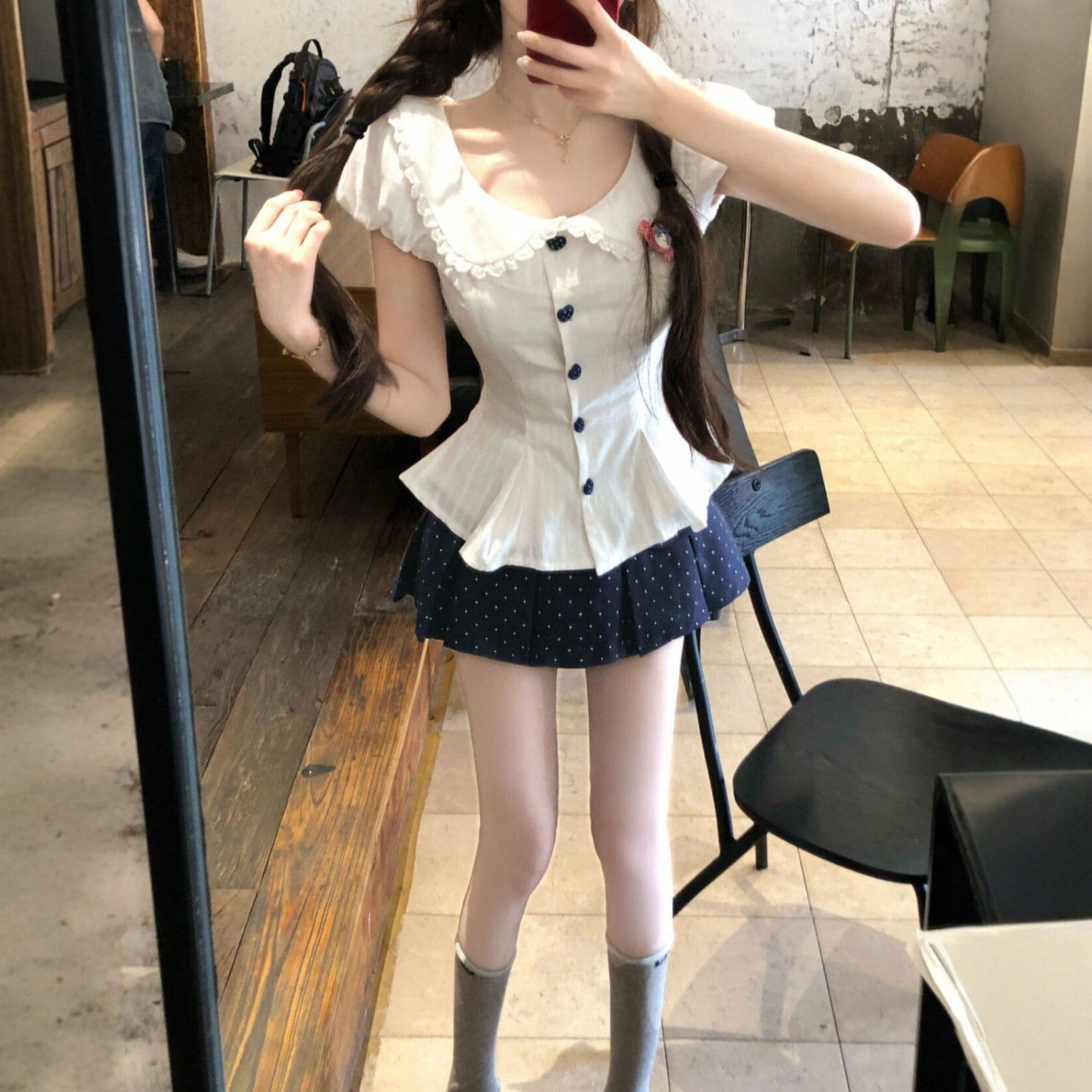 프랑스식 달콤함 베이비 칼라 허리 수축 스트랩 거품 소매 맨위 여성 봄 여름 새로운 도트 무늬 반신 스커트 투피스 슈트