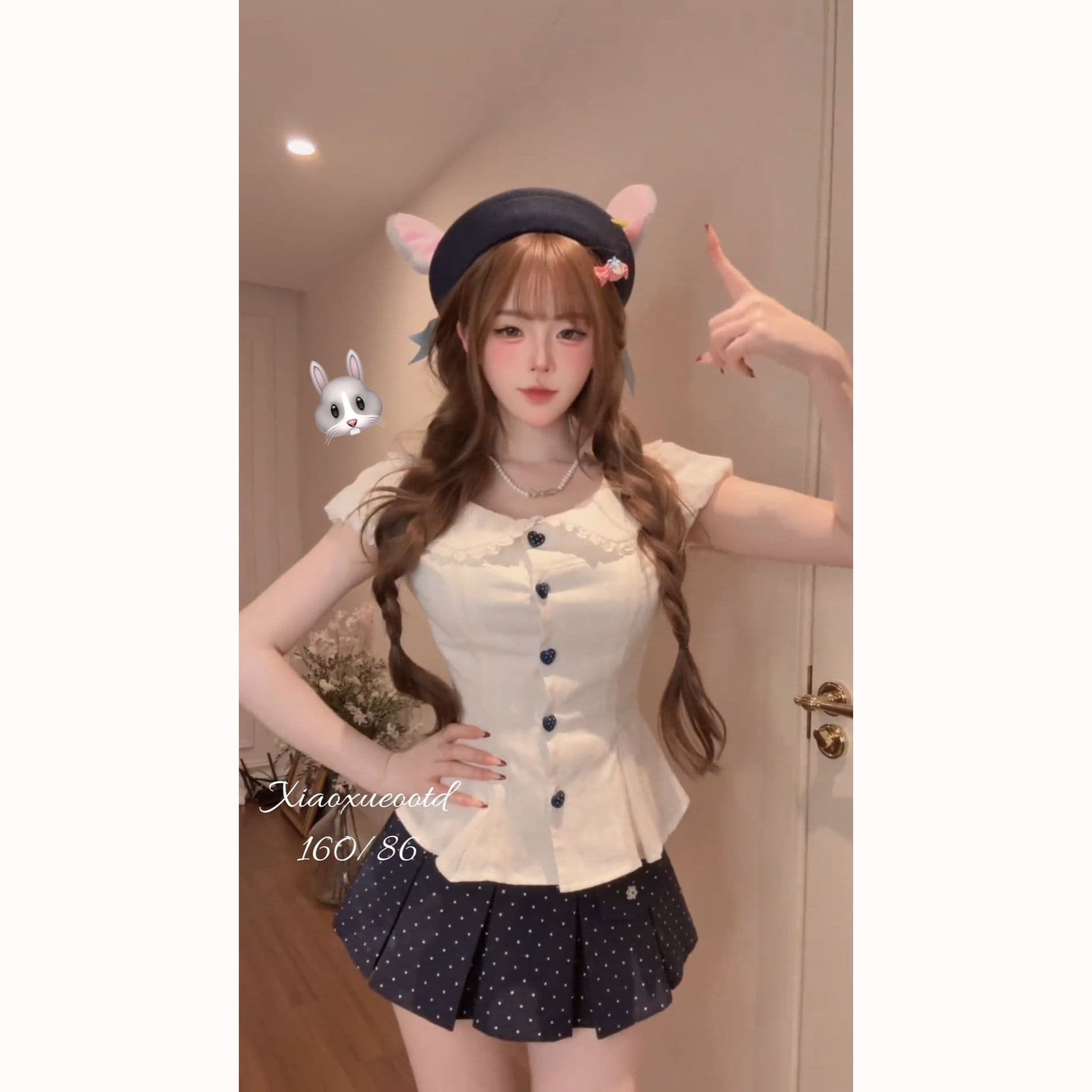 프랑스식 달콤함 베이비 칼라 허리 수축 스트랩 거품 소매 맨위 여성 봄 여름 새로운 도트 무늬 반신 스커트 투피스 슈트 이미지 3