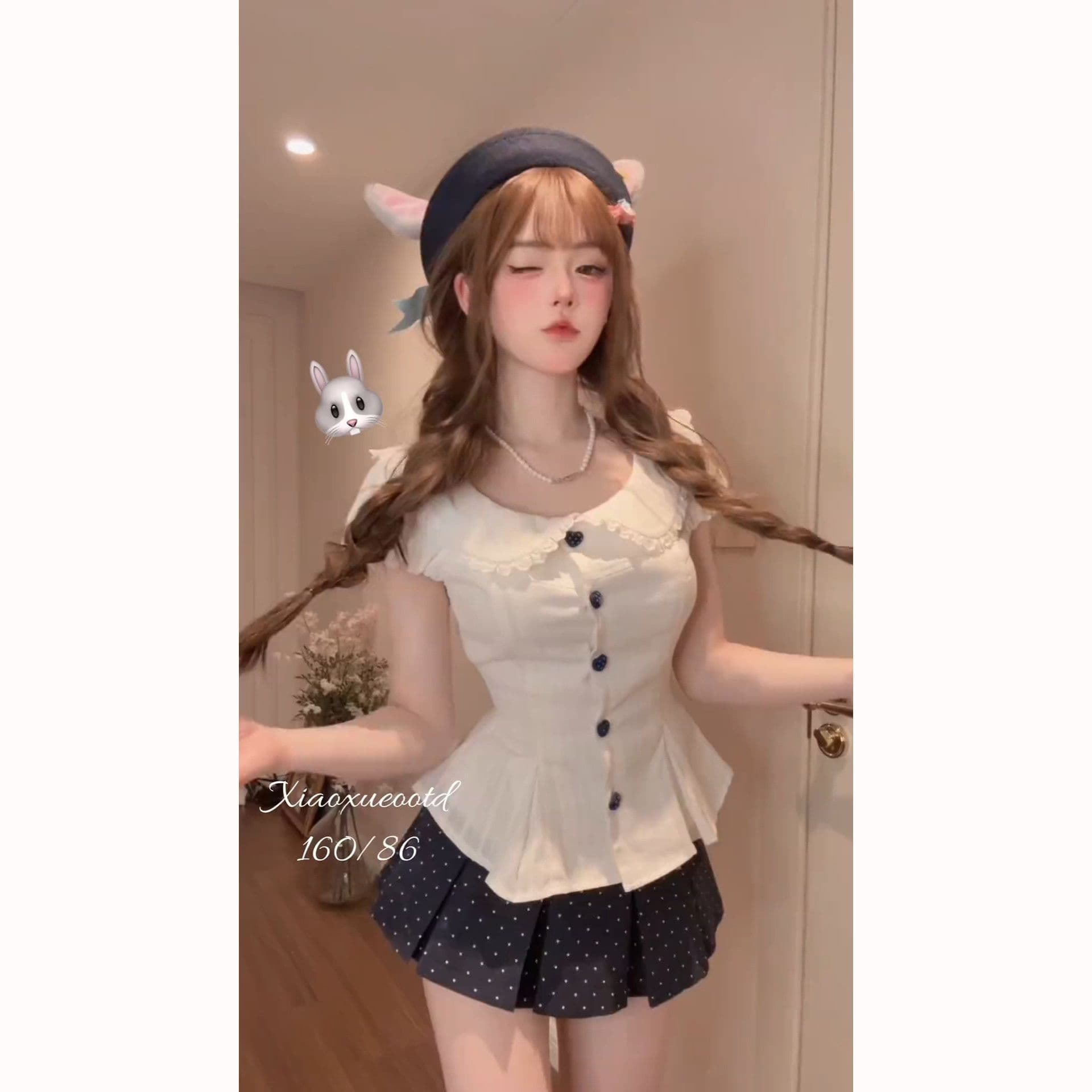 프랑스식 달콤함 베이비 칼라 허리 수축 스트랩 거품 소매 맨위 여성 봄 여름 새로운 도트 무늬 반신 스커트 투피스 슈트 상세 이미지 3