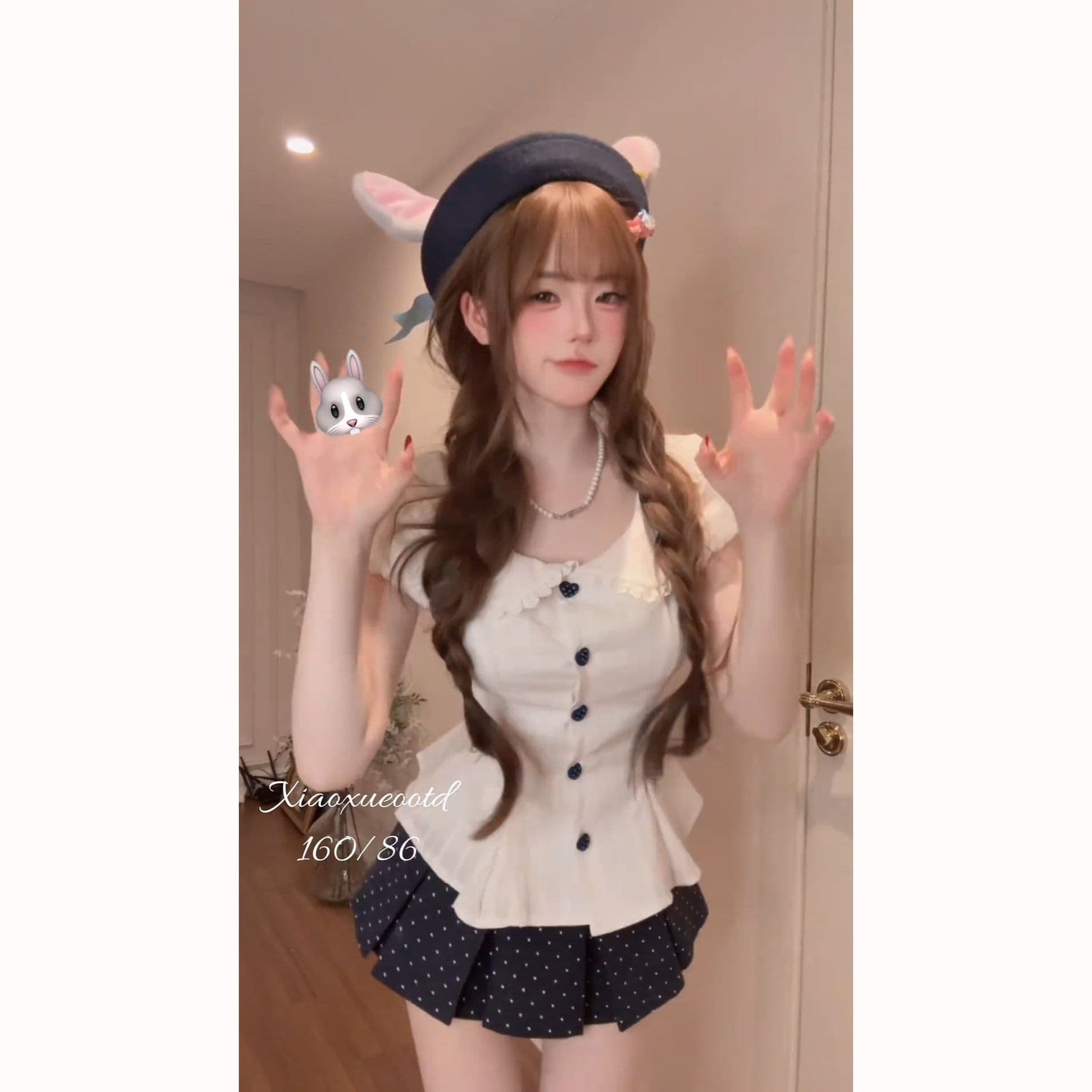 프랑스식 달콤함 베이비 칼라 허리 수축 스트랩 거품 소매 맨위 여성 봄 여름 새로운 도트 무늬 반신 스커트 투피스 슈트 상세 이미지 4