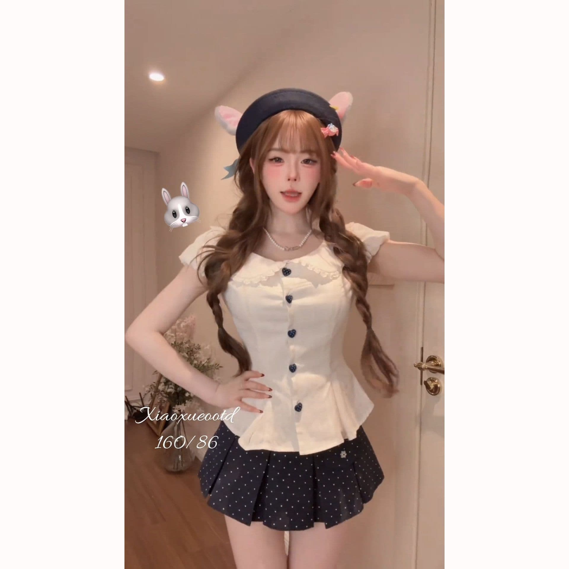 프랑스식 달콤함 베이비 칼라 허리 수축 스트랩 거품 소매 맨위 여성 봄 여름 새로운 도트 무늬 반신 스커트 투피스 슈트 상세 이미지 5