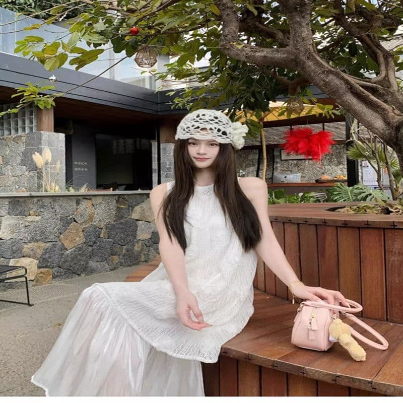 해변가 휴가 바람 롱 스커트 여성 2026 여름 새로운 달콤함 3 차원 꽃 페이크 레이어드 루즈핏 조끼 원피스