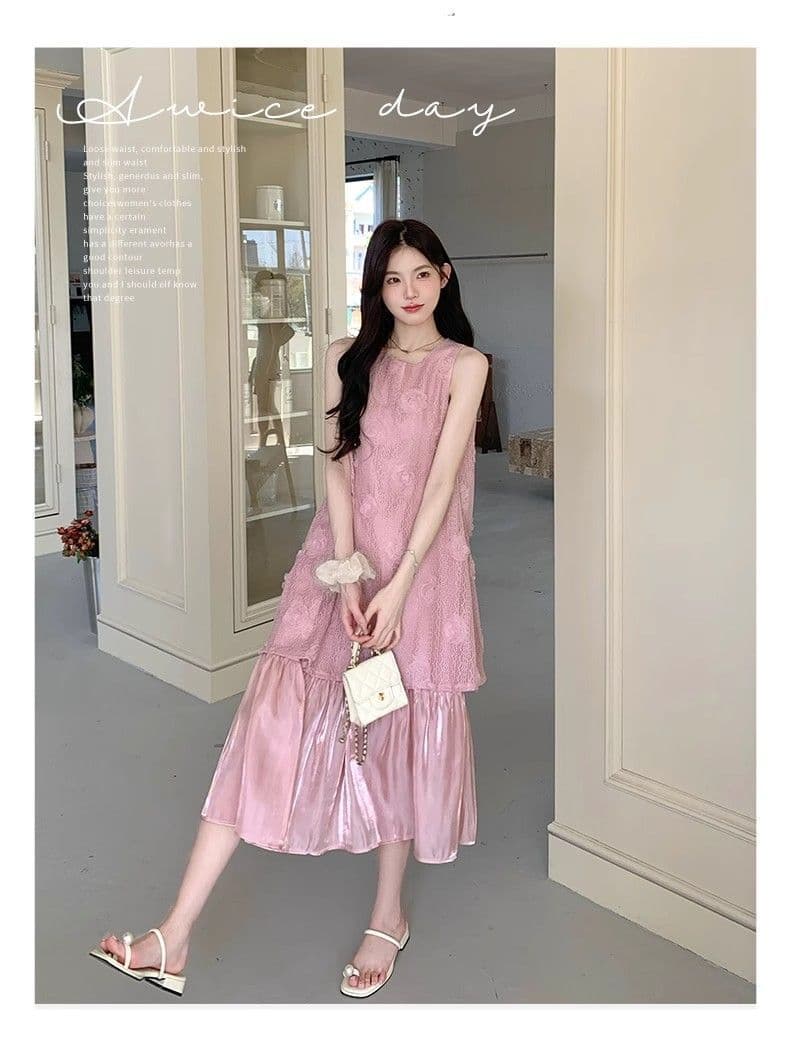 해변가 휴가 바람 롱 스커트 여성 2026 여름 새로운 달콤함 3 차원 꽃 페이크 레이어드 루즈핏 조끼 원피스 상세 이미지 2