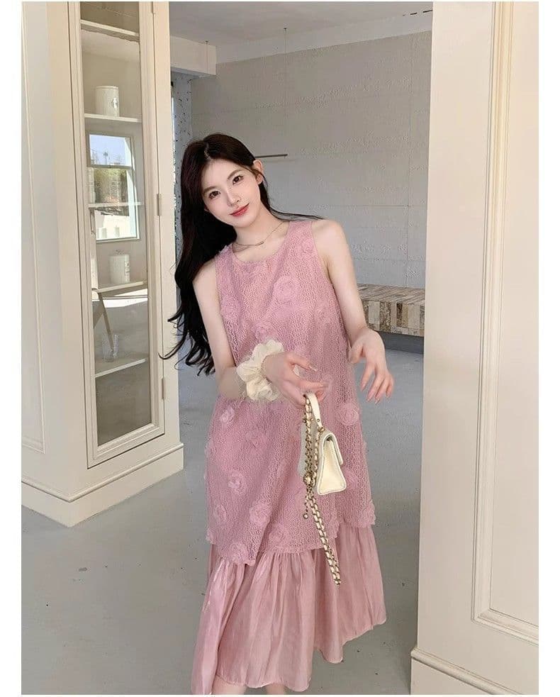 해변가 휴가 바람 롱 스커트 여성 2026 여름 새로운 달콤함 3 차원 꽃 페이크 레이어드 루즈핏 조끼 원피스 상세 이미지 5