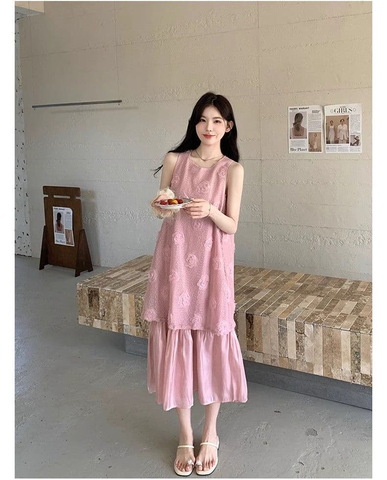 해변가 휴가 바람 롱 스커트 여성 2026 여름 새로운 달콤함 3 차원 꽃 페이크 레이어드 루즈핏 조끼 원피스 상세 이미지 9