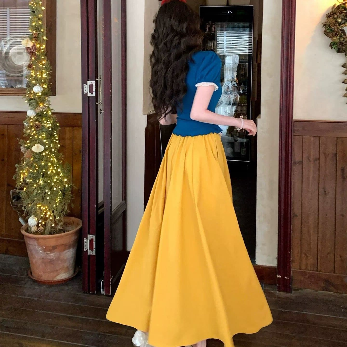 달콤함 천 금빛 바람 거품 소매 레이스 조각 페이크 레이어드 맨위 반신 치마 세트 여성 여름 새로운 투피스 세트 이미지 4