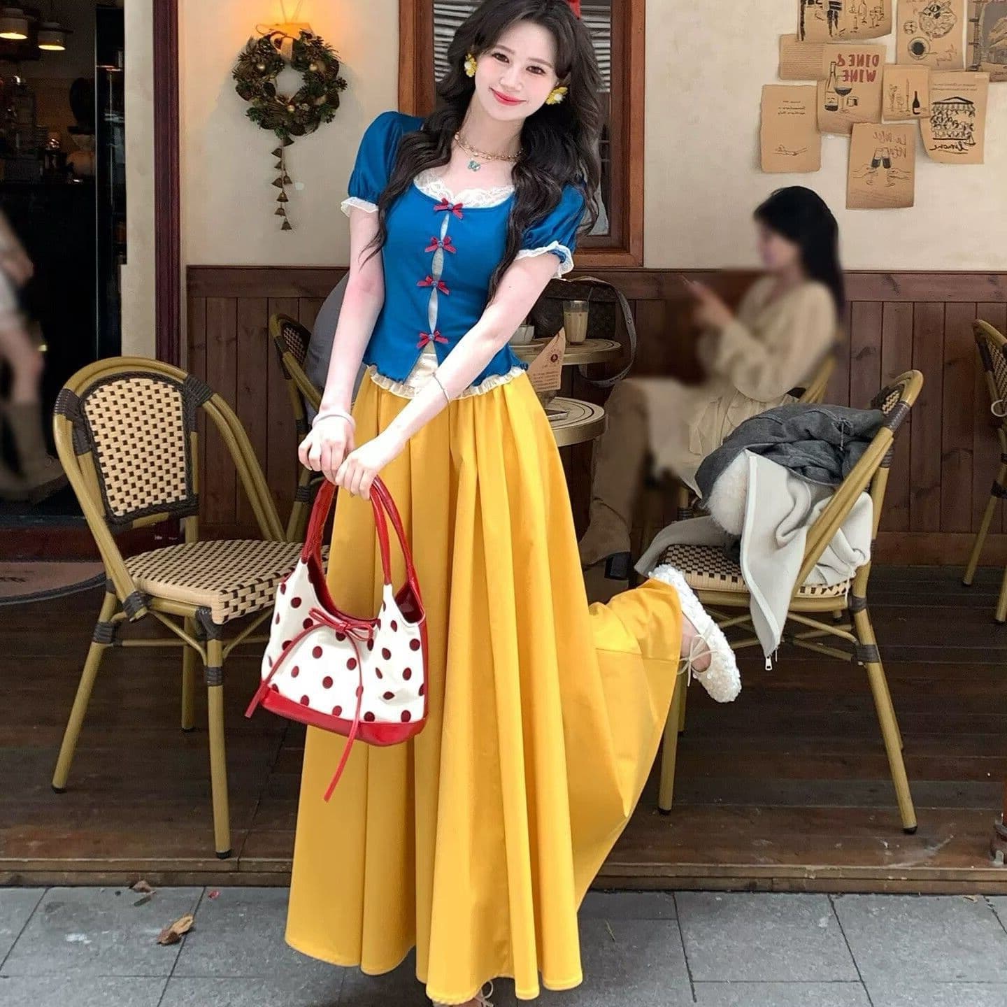 달콤함 천 금빛 바람 거품 소매 레이스 조각 페이크 레이어드 맨위 반신 치마 세트 여성 여름 새로운 투피스 세트