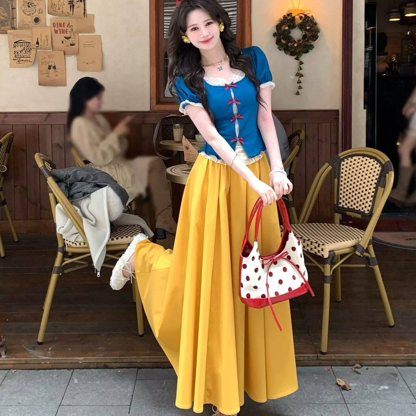 달콤함 천 금빛 바람 거품 소매 레이스 조각 페이크 레이어드 맨위 반신 치마 세트 여성 여름 새로운 투피스 세트 상세 이미지 3