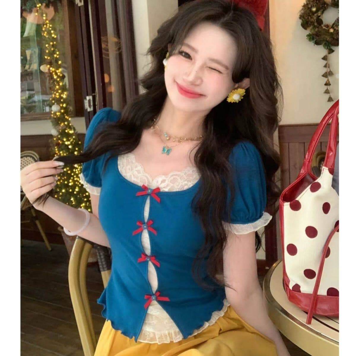 달콤함 천 금빛 바람 거품 소매 레이스 조각 페이크 레이어드 맨위 반신 치마 세트 여성 여름 새로운 투피스 세트 상세 이미지 9