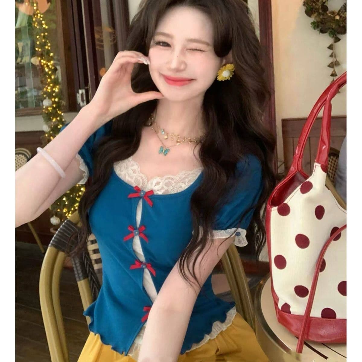 달콤함 천 금빛 바람 거품 소매 레이스 조각 페이크 레이어드 맨위 반신 치마 세트 여성 여름 새로운 투피스 세트 상세 이미지 10