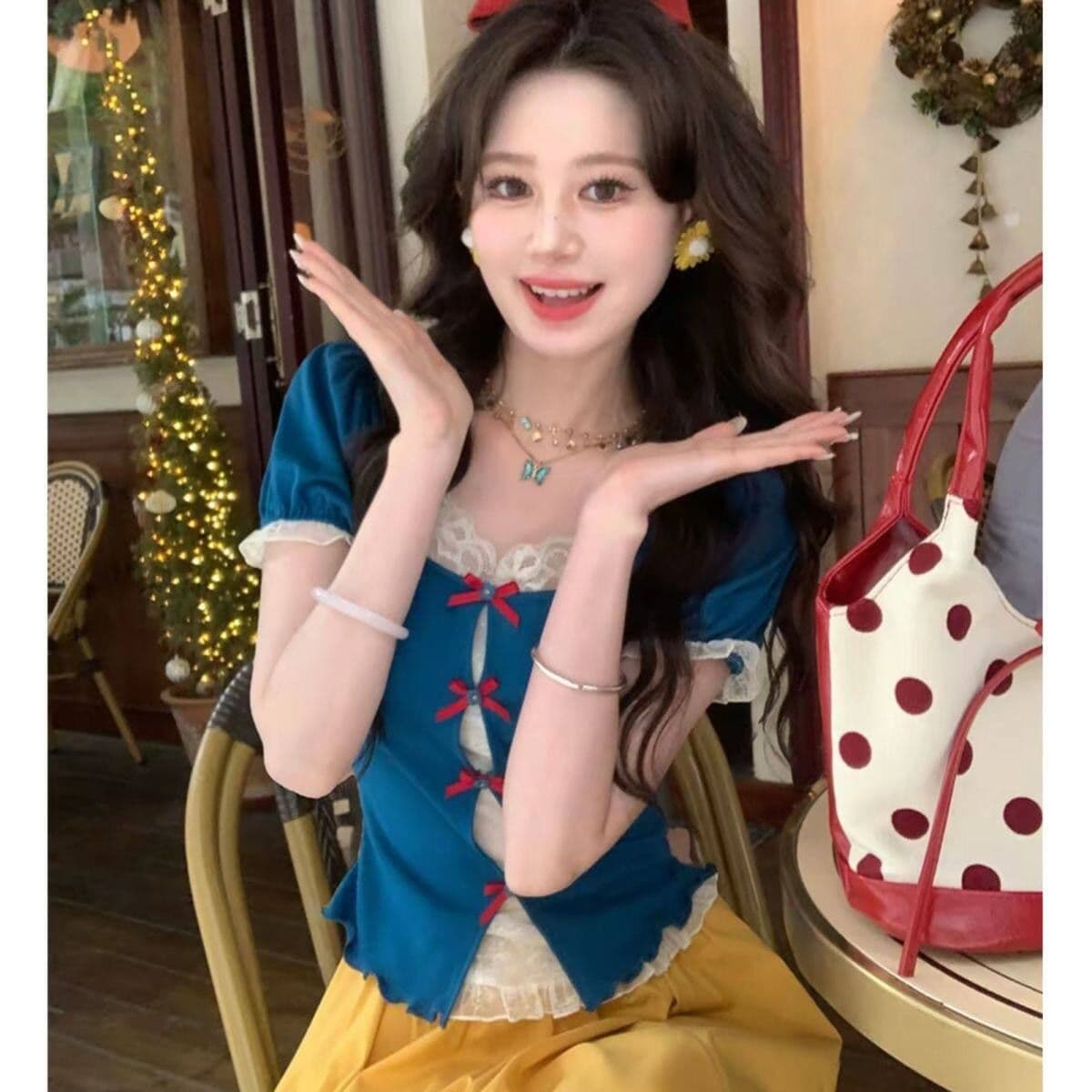 달콤함 천 금빛 바람 거품 소매 레이스 조각 페이크 레이어드 맨위 반신 치마 세트 여성 여름 새로운 투피스 세트 상세 이미지 11