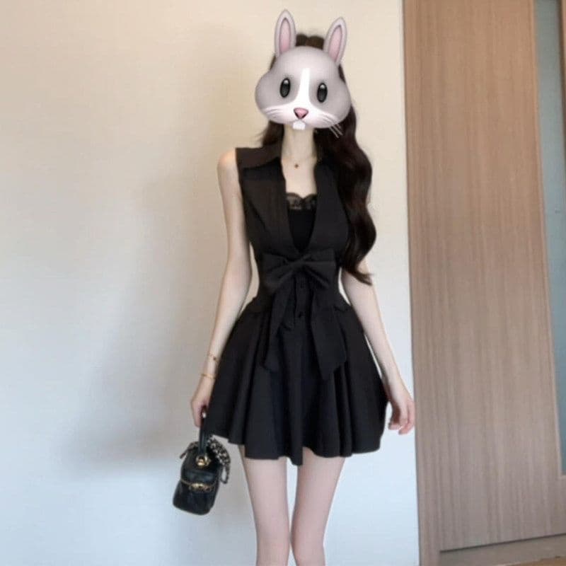 로얄 자매 그는 벤 바람 검정색 polo 셔츠 민소매 드레스 품격 슈퍼 잘 생긴 허리 수축 한 마디 퍼프 짧은 치마 상세 이미지 3