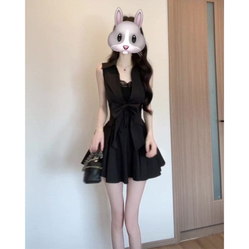 로얄 자매 그는 벤 바람 검정색 polo 셔츠 민소매 드레스 품격 슈퍼 잘 생긴 허리 수축 한 마디 퍼프 짧은 치마 상세 이미지 9