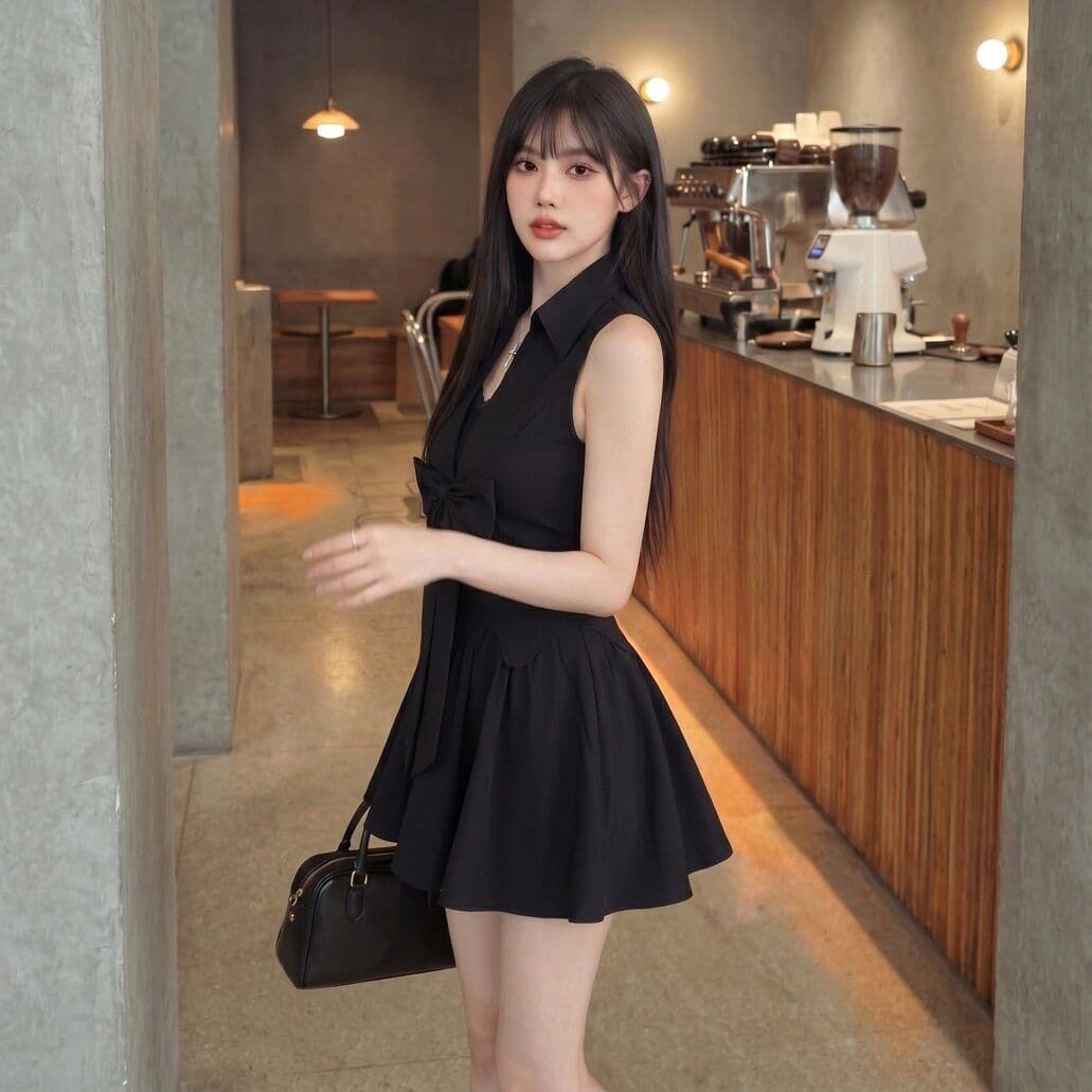 한 부서 로얄 자매 그는 벤 바람 검정색 polo 셔츠 민소매 드레스 슈퍼 잘 생긴 허리 수축 한 마디 퍼프 짧은 치마 이미지 5