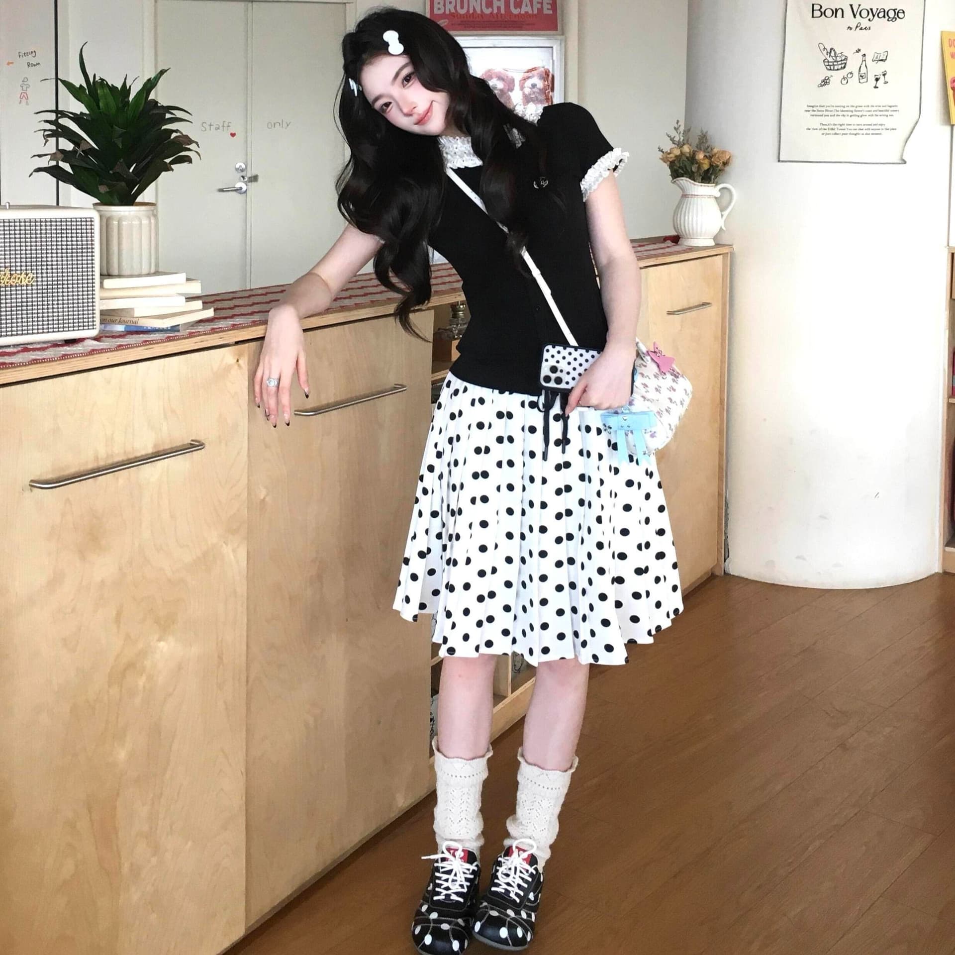 여름 프랑스식 레트로 학원 스타일 착용 가져 가라. 디자인 센스 레이스 소매 반팔 티셔츠 도트 무늬 품격 반신 치마 세트 이미지 4