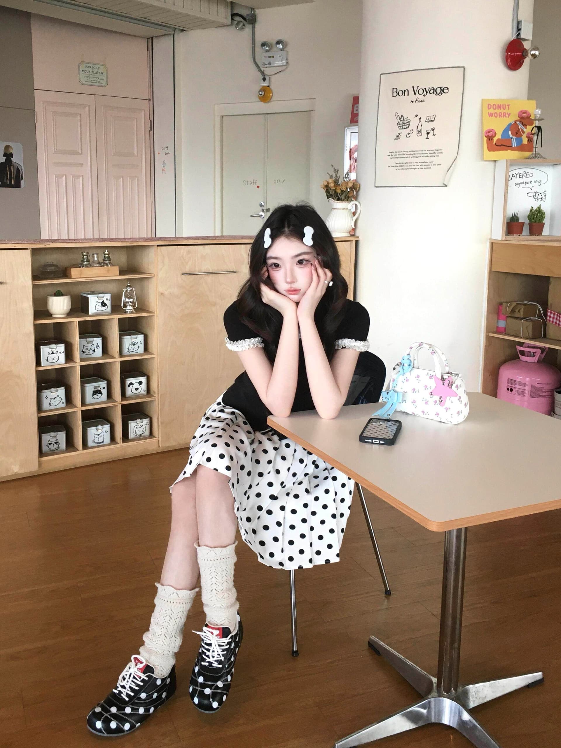 여름 프랑스식 레트로 학원 스타일 착용 가져 가라. 디자인 센스 레이스 소매 반팔 티셔츠 도트 무늬 품격 반신 치마 세트 상세 이미지 3