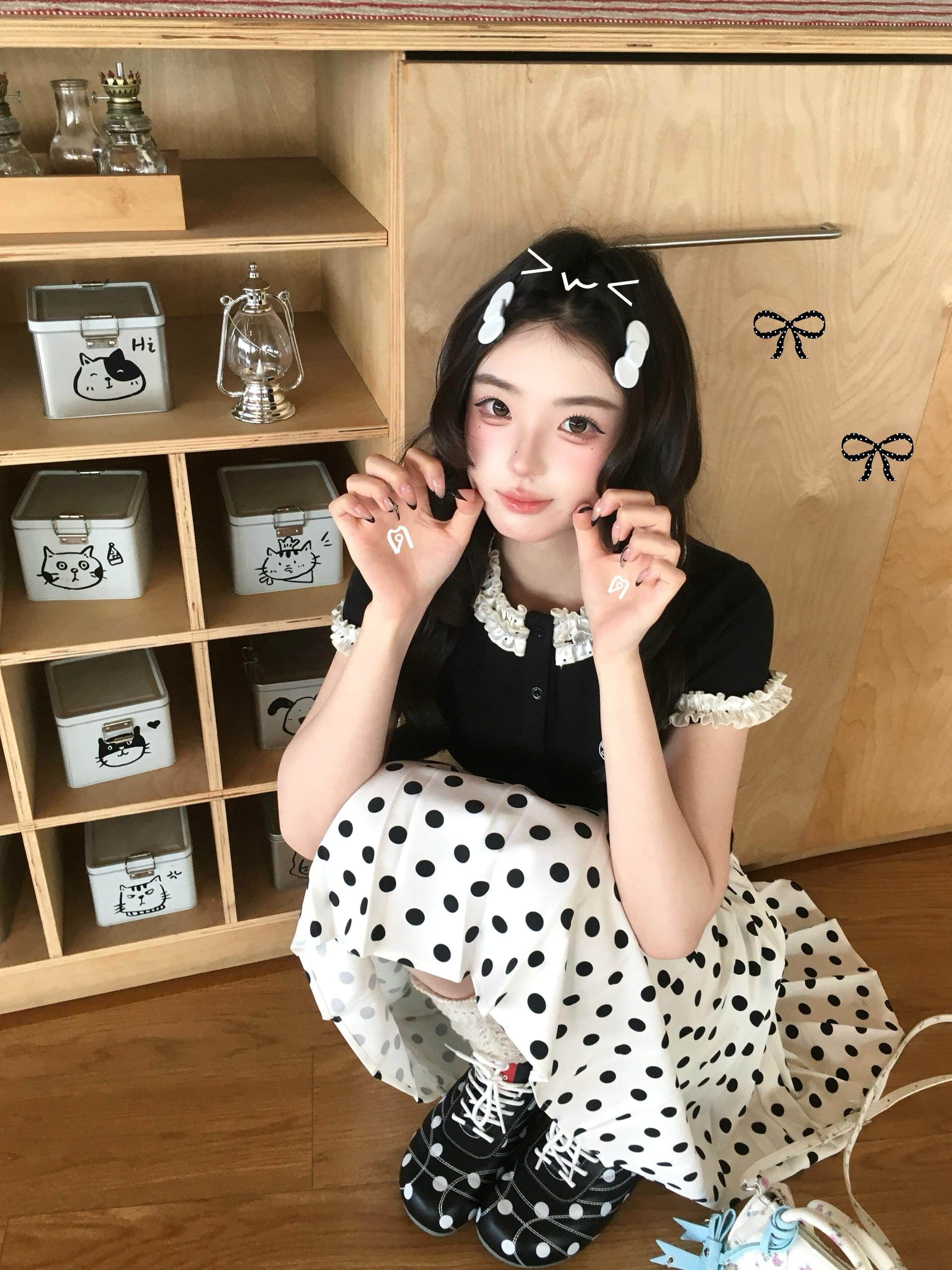 여름 프랑스식 레트로 학원 스타일 착용 가져 가라. 디자인 센스 레이스 소매 반팔 티셔츠 도트 무늬 품격 반신 치마 세트 상세 이미지 5